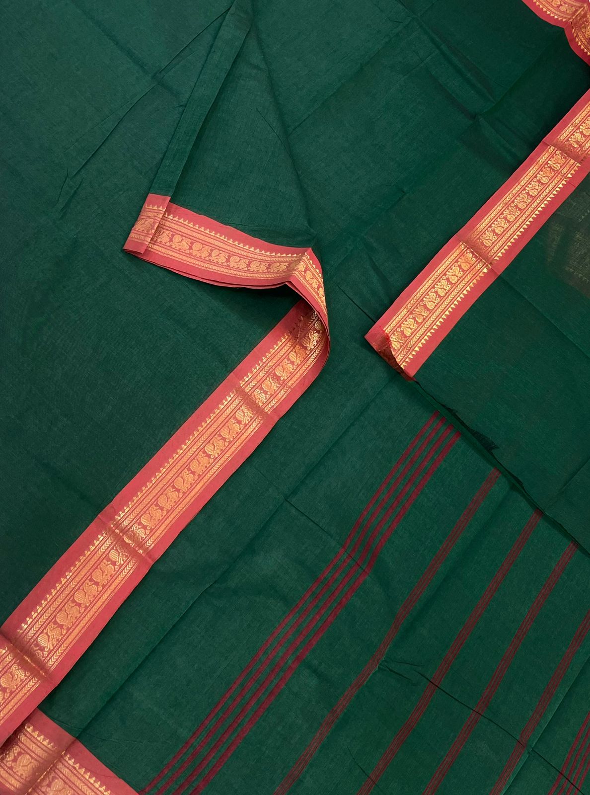 Kanchi soft cotton | Zari tiny border | green X red
