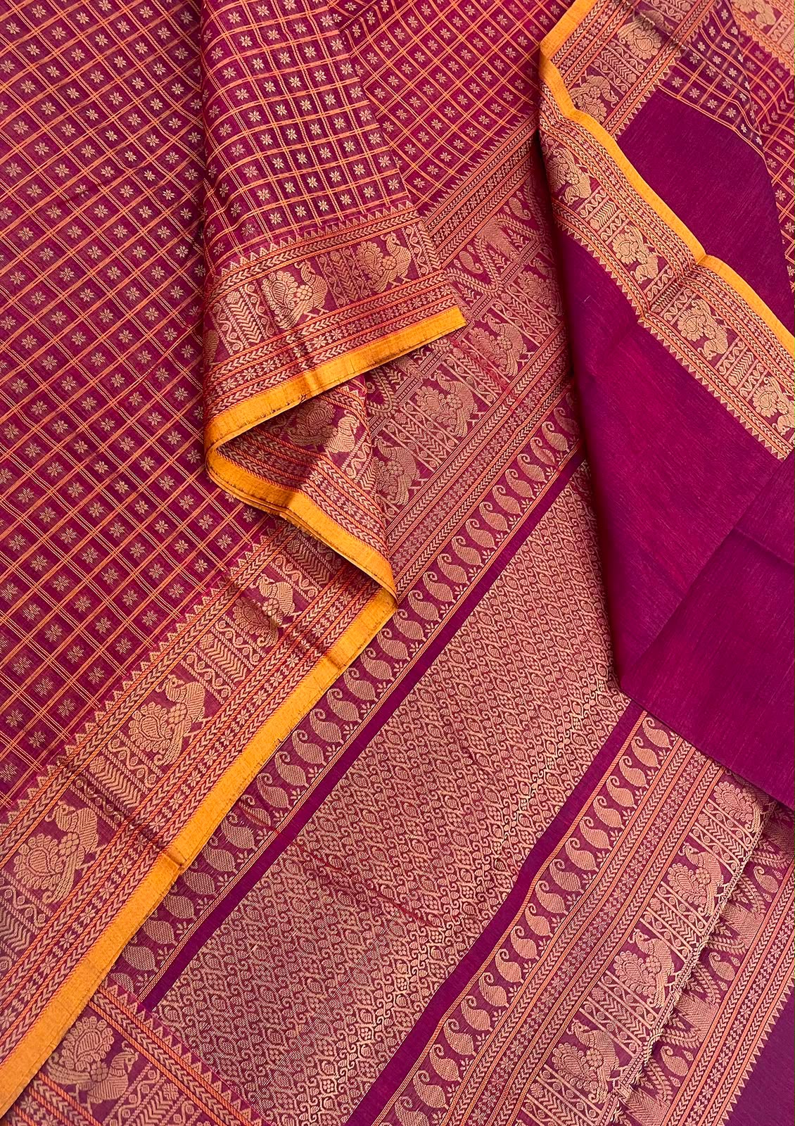 Pure Handloom Kanchi rich Cotton Saree | pink x yellow | 1000 butta star butta x thread border
