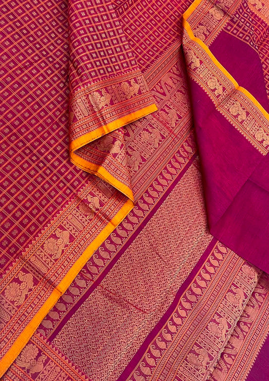 Pure Handloom Kanchi rich Cotton Saree | pink x yellow | 1000 butta star butta x thread border