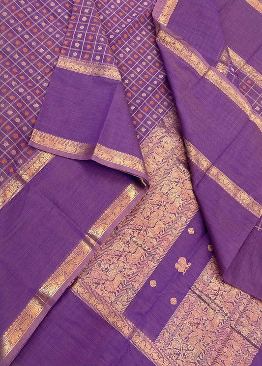 Kanchi handloom rich cotton 1000  BUTTA x  Zari rettaipet muppagam border | lavendar