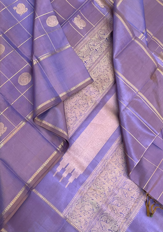 Kanchipuram Silk Saree Online | mayil chakram x pastel lavender 🪻 x gold | Handwoven luxury x 4 ply