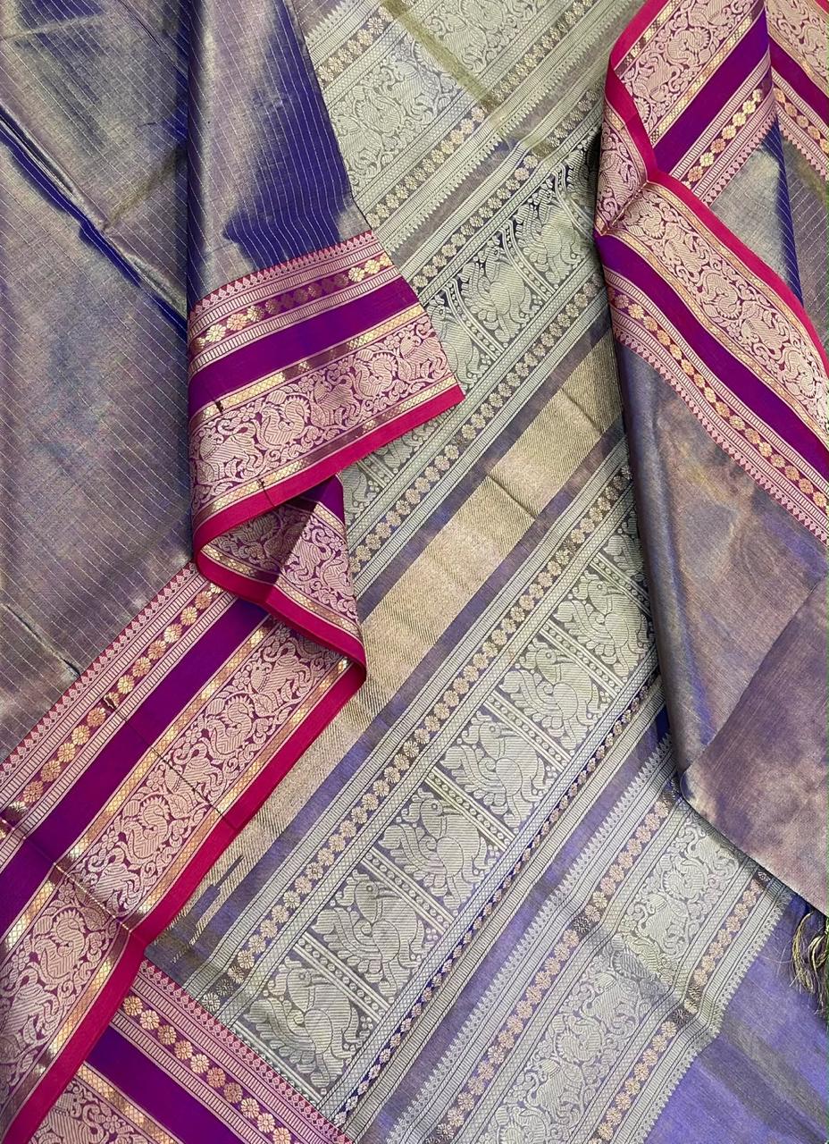 Kanchi tissue Silk Cotton Sarees | rettaipet zari woven border  x tissue body   | lavender 🪻 x pink 🩷