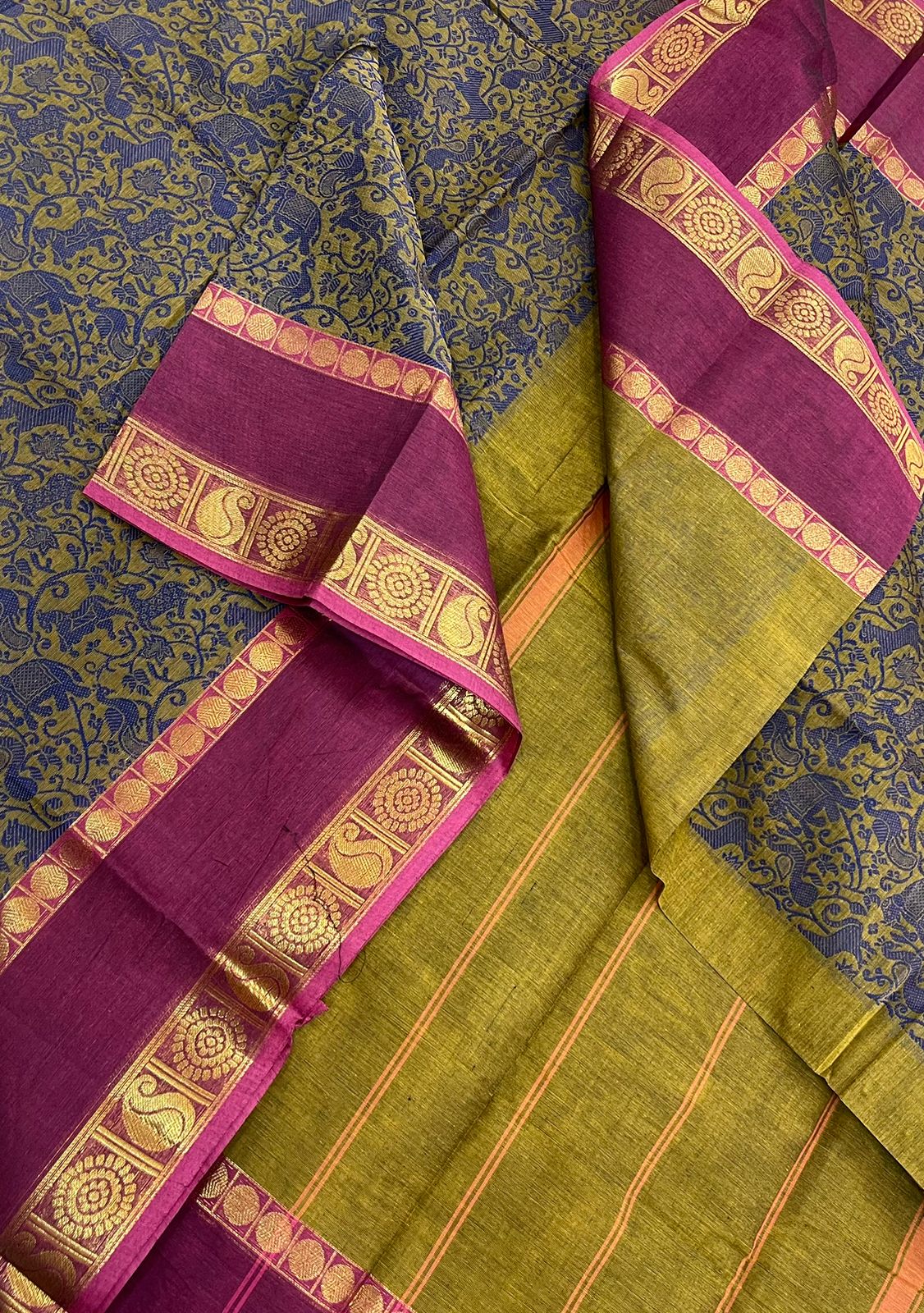 Kanchi soft cotton | mehendi green x dark pink | zari border X vanasingaram