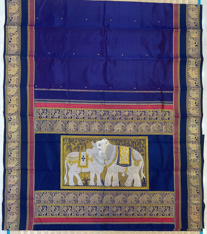 Kanchipuram Silk Sarees | zari border | Rishaba kunjaram| royal blue X red  | Handwoven luxury x 4 ply master weave | NKV35