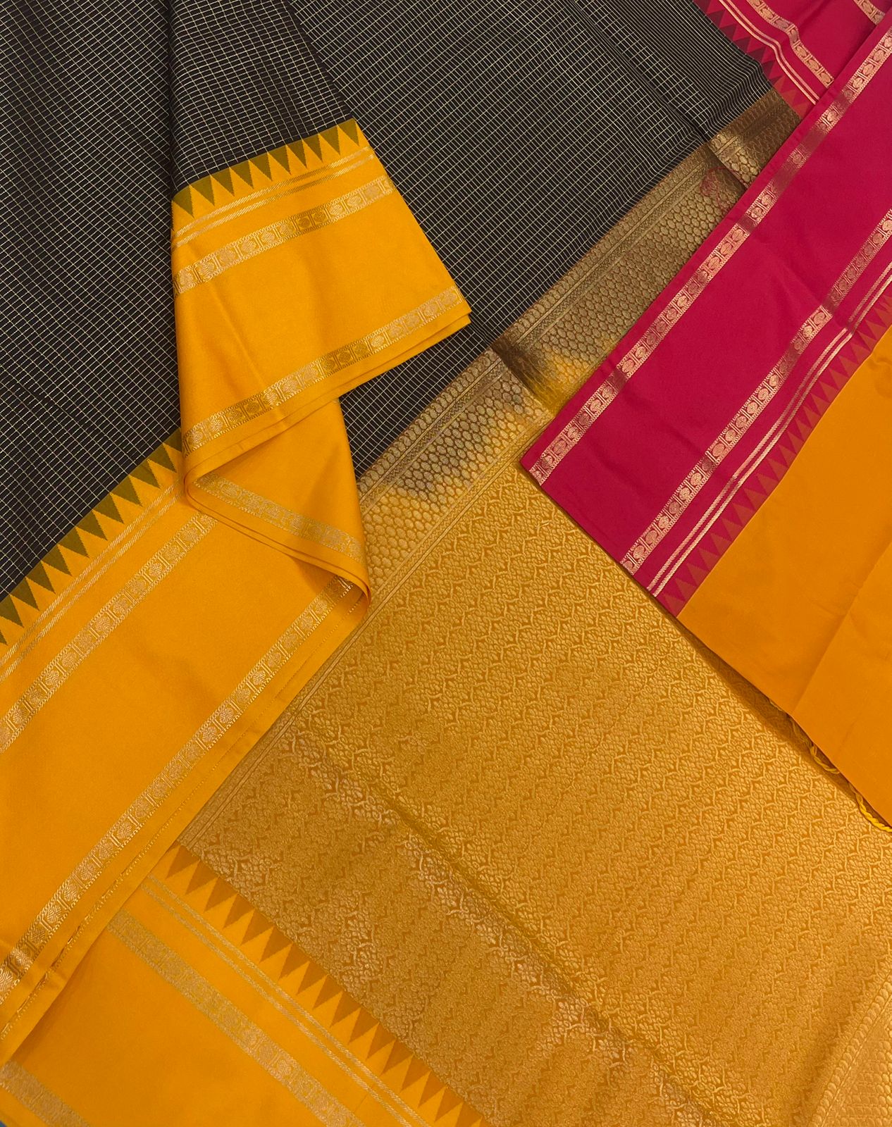 Vegan Silk Sarees Online | manjal X red X black | kattam x rettaipet border
