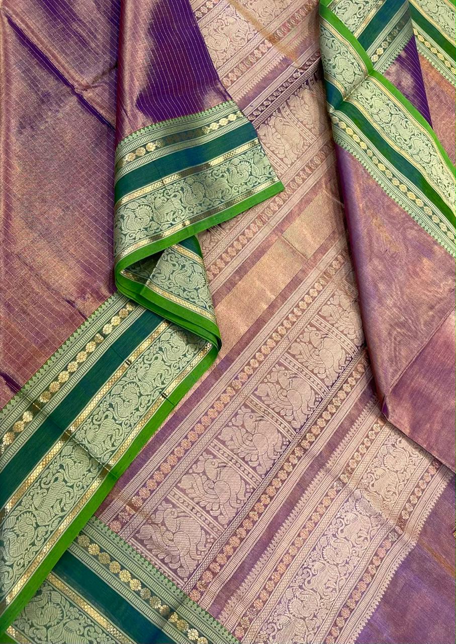 Kanchi tissue Silk Cotton Sarees | rettaipet zari thread woven border  x tissue body  | pastel pink 🩷 X green