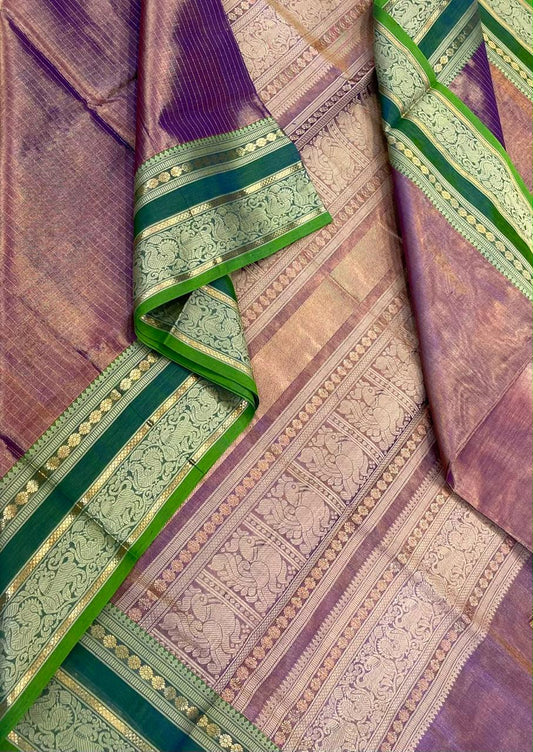 Kanchi tissue Silk Cotton Sarees | rettaipet zari thread woven border  x tissue body  | pastel pink 🩷 X green