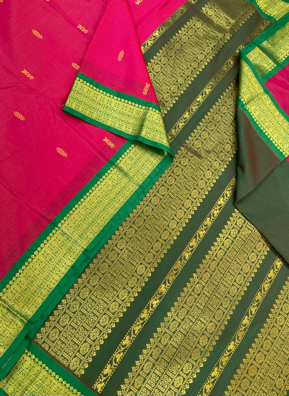 Semi Silk soft Cotton Sarees | vairaoosi X  butta x zari border | dark pink x green | NKV11