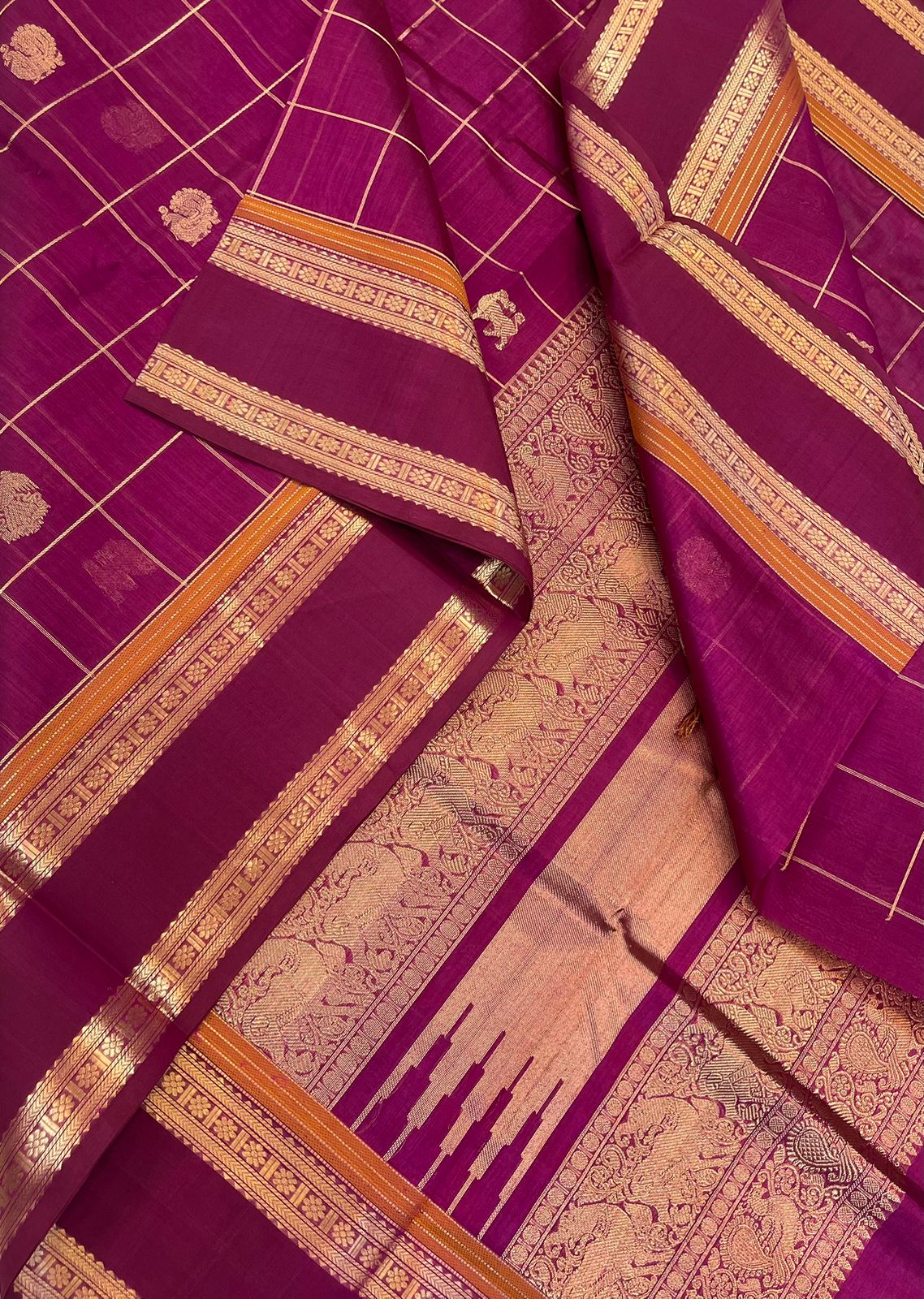 Kanchi Silk Cotton Sarees | zari kattam x rettaipet border x 3 motif | majenta X gold