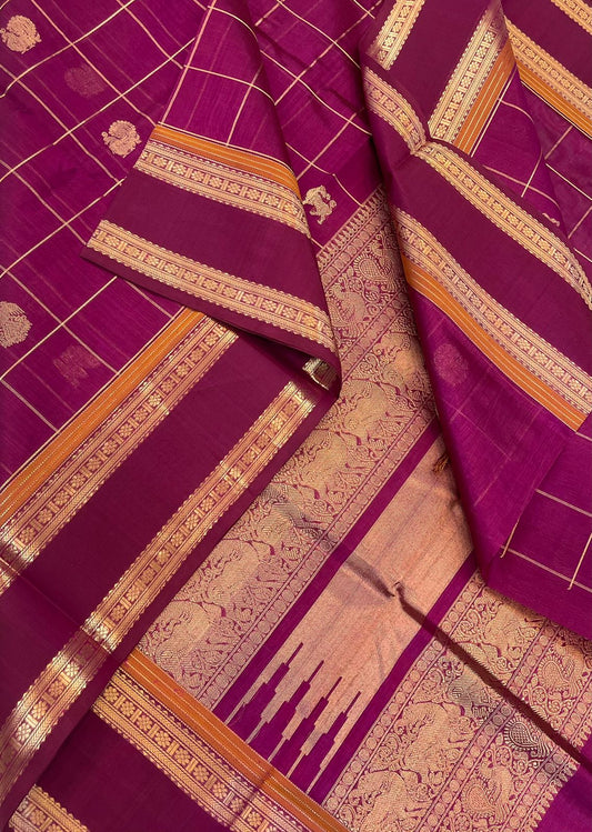Kanchi Silk Cotton Sarees | zari kattam x rettaipet border x 3 motif | majenta X gold
