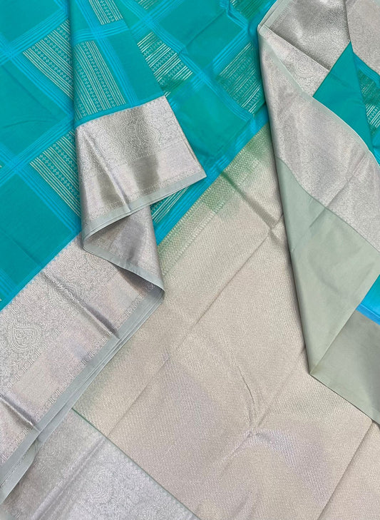 Vegan Silk Sarees Online | ice torquise blue X grey | kattam silver zari