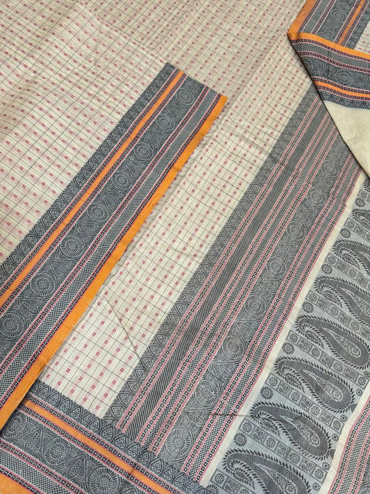 Pure Handloom Kanchi rich Cotton Saree | rich thread border x 1000 butta | cream x mustard