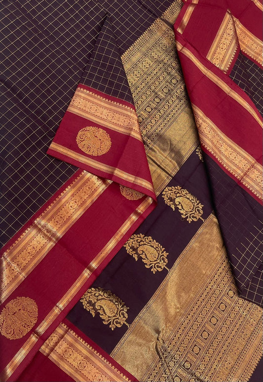 Kanchi handloom rich cotton zari kattam BUTTA x  Zari border yaanai mayil x mango pallu | dark brown x red
