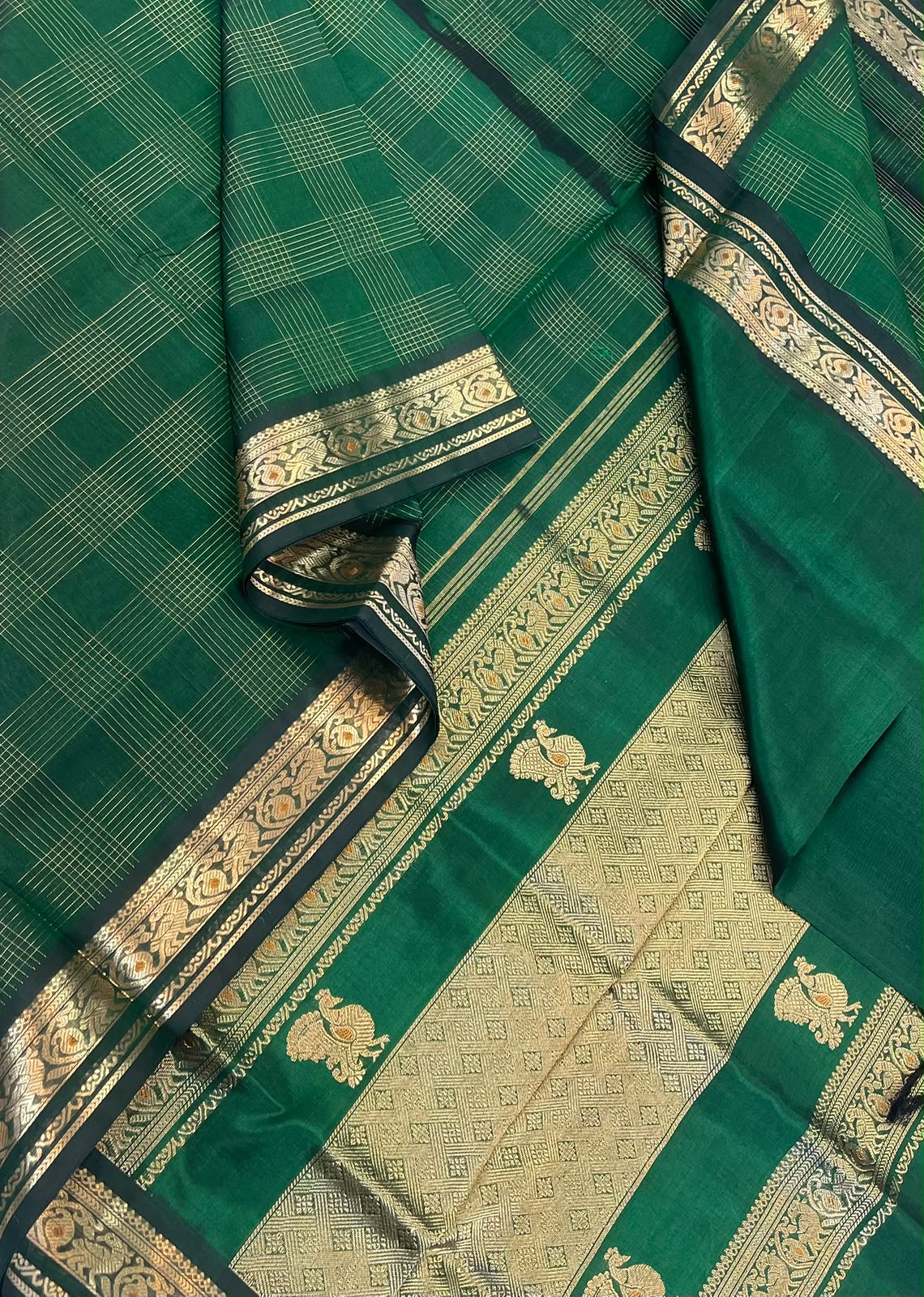 Kanchi Silk Cotton Sarees | luxury silk cotton | 2x2 kattam X Mayil zari border x rich pallu  | green x gold |   NKV37