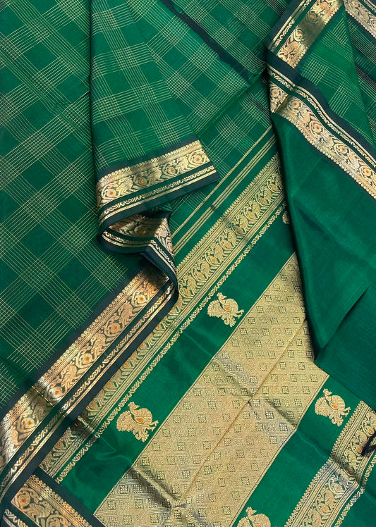 Kanchi Silk Cotton Sarees | luxury silk cotton | 2x2 kattam X Mayil zari border x rich pallu  | green x gold |   NKV37