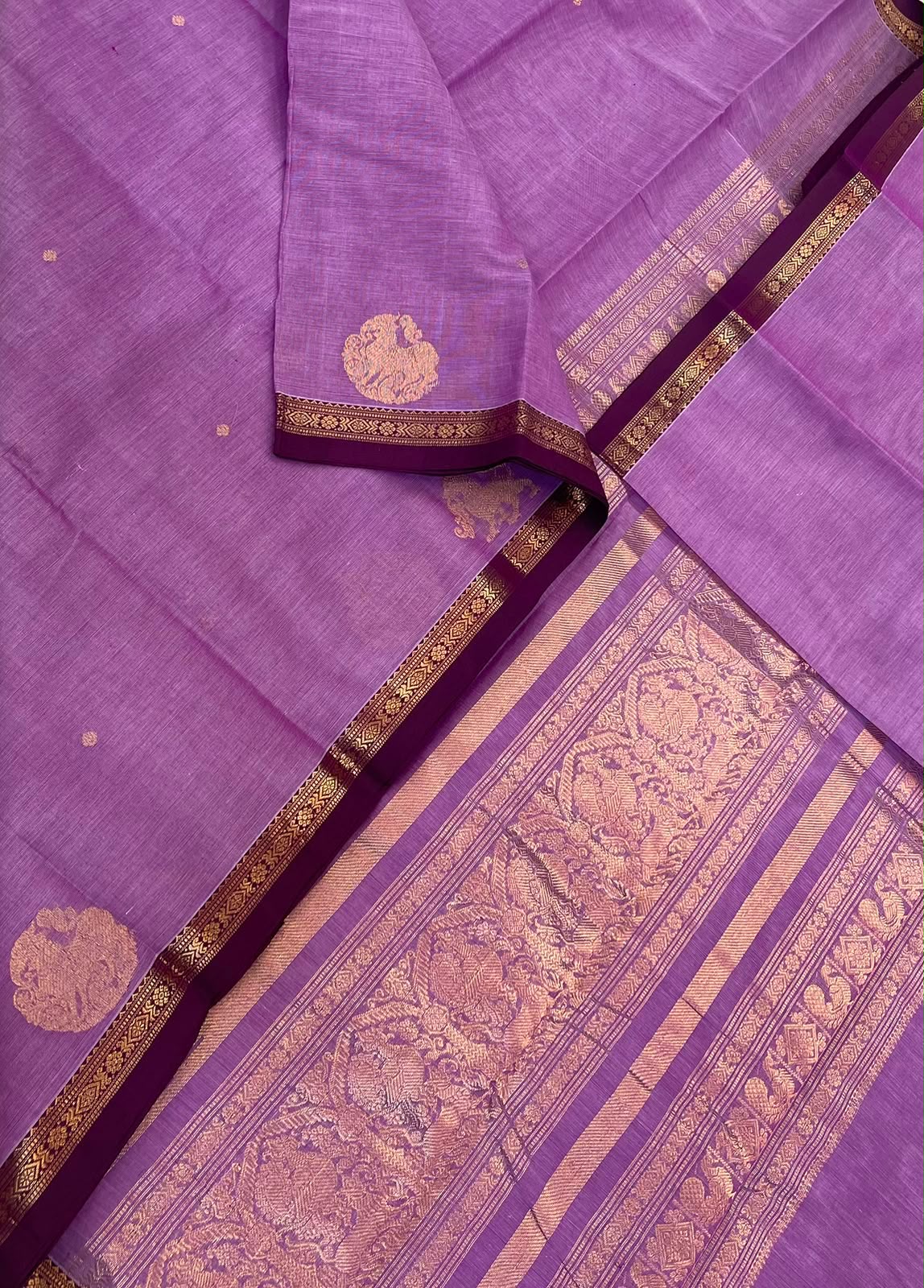 Pure Handloom Kanchi rich Cotton Saree | lavendar X violet  | tiny  border X rich zari pallu