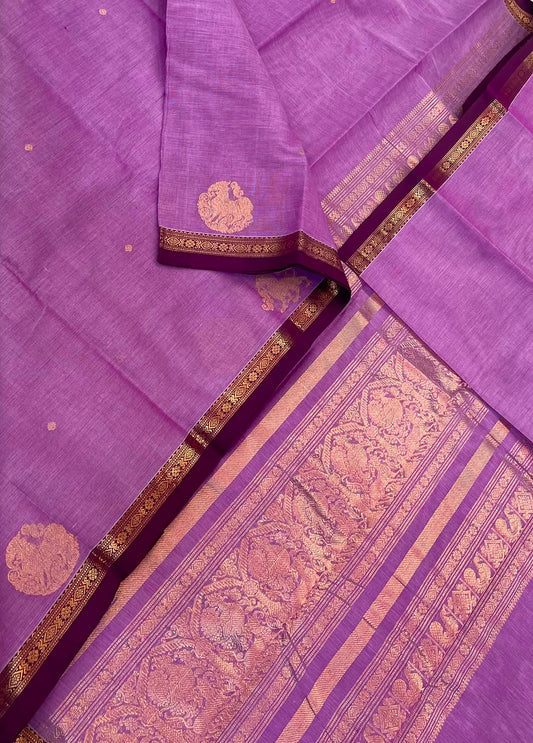 Pure Handloom Kanchi rich Cotton Saree | lavendar X violet  | tiny  border X rich zari pallu
