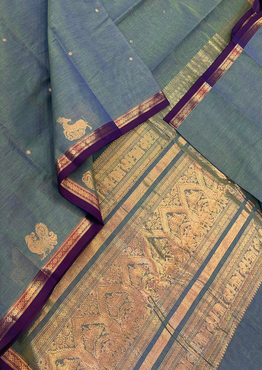 Pure Handloom Kanchi rich Cotton Saree | two tone greenish blue x violet | tiny border X rich handwoven zari pallu