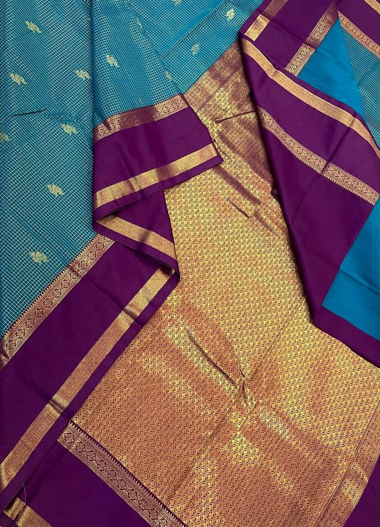 Semi Silk soft Cotton Sarees | korvai Rettaipet border X muthu kattam |  cyan blue x dark violet NKV11