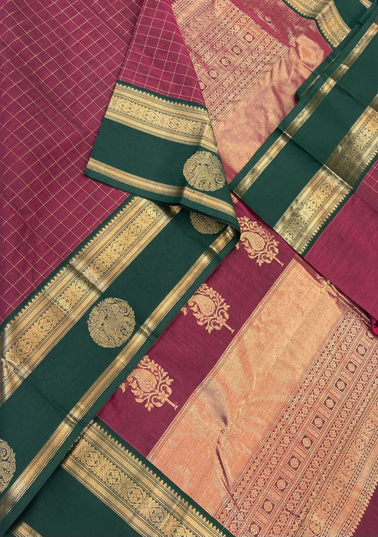Kanchi handloom rich cotton zari kattam BUTTA x  Zari border yaanai mayil x mango pallu | cherry pink x green