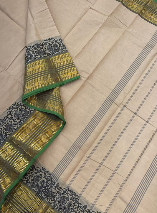 Kanchi soft cotton | cream x green | mayil threads zari border