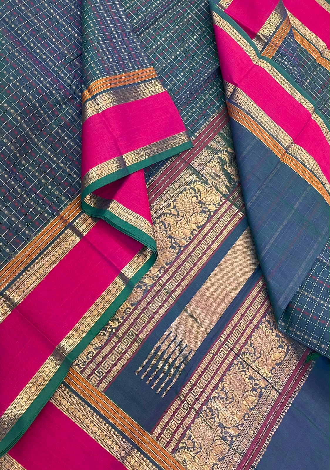 Pure Handloom Kanchi rich Cotton Saree | peacock blue x pink | 1000 butta  x zari pallu