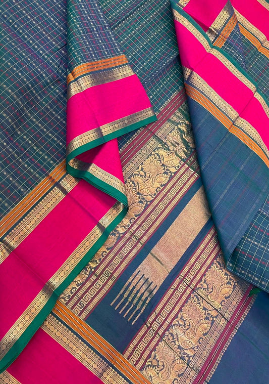 Pure Handloom Kanchi rich Cotton Saree | peacock blue x pink | 1000 butta  x zari pallu