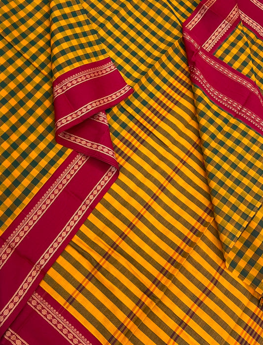 Pure Handloom Kanchi rich Cotton Saree | kattam X green x manjal X red  | thread Korvai rettaipet border