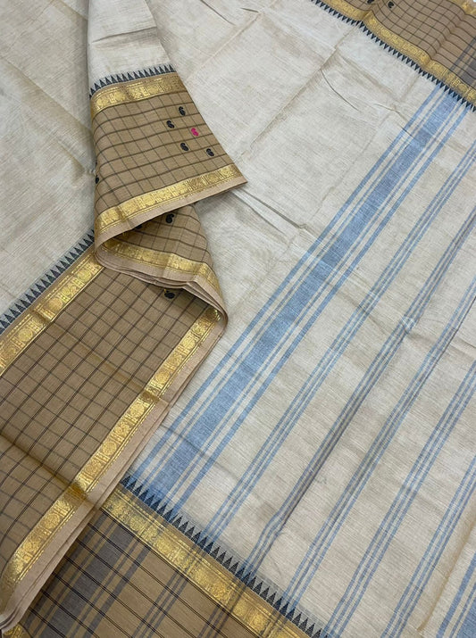 Kanchi soft cotton |rich kattam   border  | cream x beige