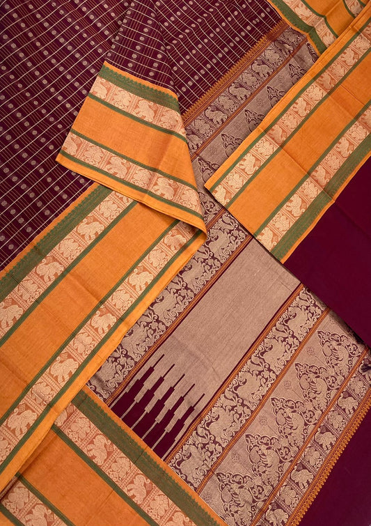 Kanchi handloom rich cotton | only thread 1000 butta x  rettaipet elephant thread  border | marron x manjal