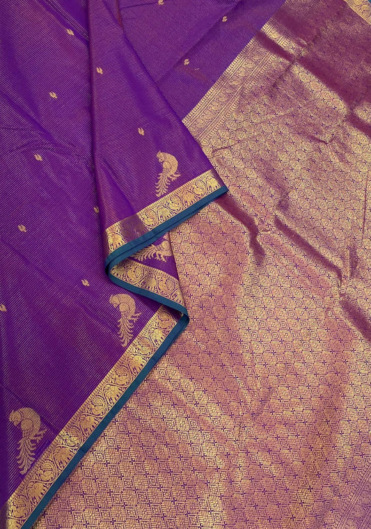 Semi Silk soft Cotton Sarees | vairaoosi X parrot x tiny zari border | electric violet X gold | NKV11