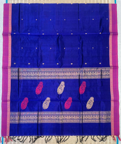 Kanchi Silk Cotton Sarees | tiny zari border X thread & zari pallu | royal blue x hot pink