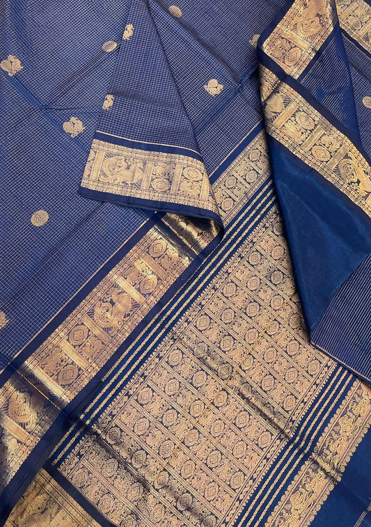 Kanchi Silk Cotton Sarees | luxury silk cotton | muthukattam X mayil chakram |  blue X gold NKV37