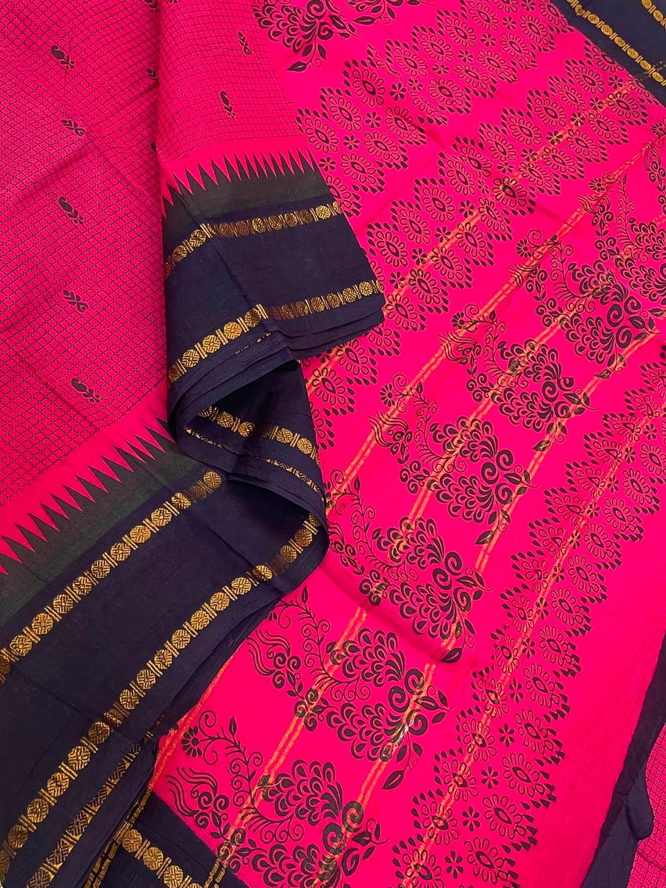 Madurai Sungudi soft cotton | pink x navy blue | rettaipet Zari border