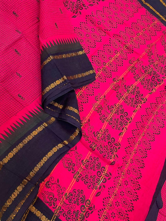 Madurai Sungudi soft cotton | pink x navy blue | rettaipet Zari border