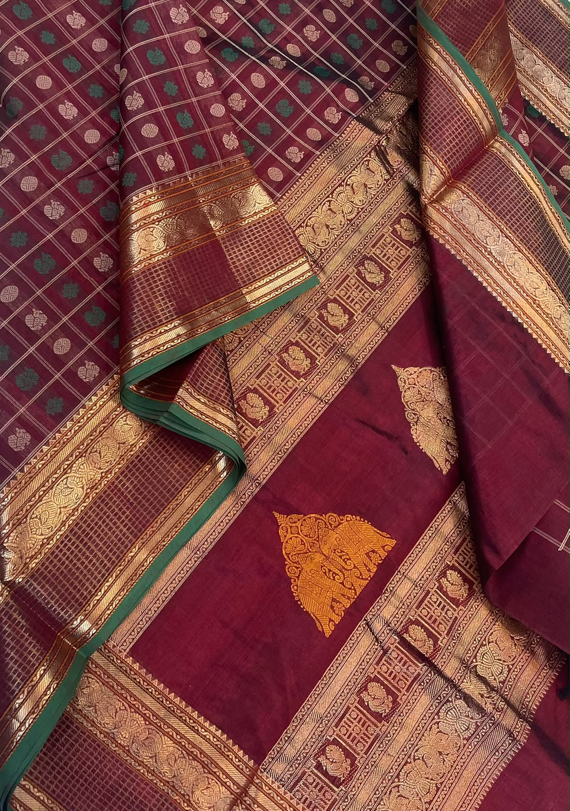 Kanchi Silk Cotton Sarees | 1000 butta  X rich rettai yaanai pallu | marron X gold x green
