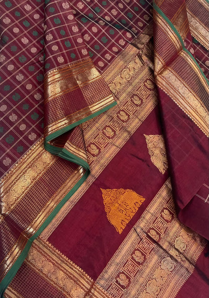 Kanchi Silk Cotton Sarees | 1000 butta  X rich rettai yaanai pallu | marron X gold x green