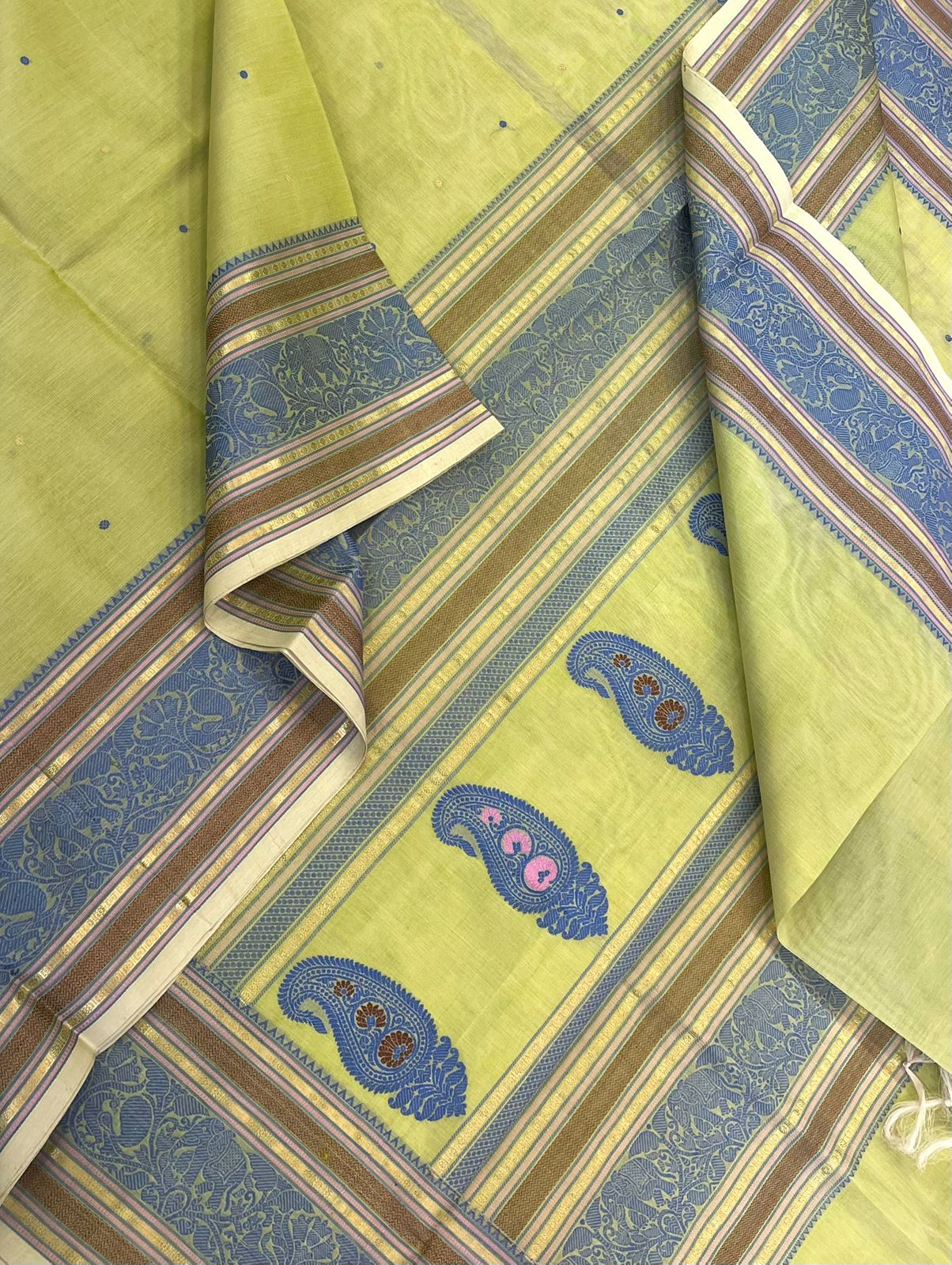 Kanchi Silk Cotton Sarees | rettaipet thread woven border  x thread woven pallu   | pastel green💚 X blue