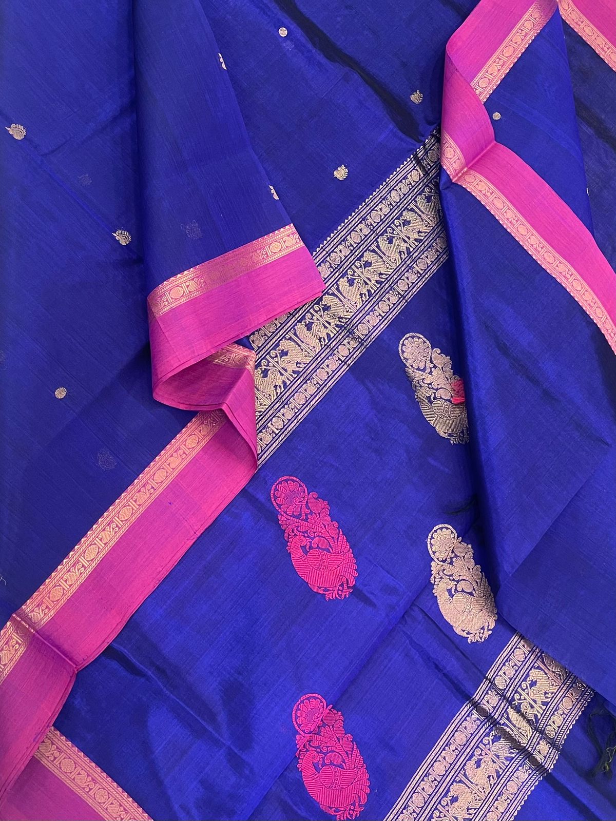 Kanchi Silk Cotton Sarees | tiny zari border X thread & zari pallu | royal blue x hot pink