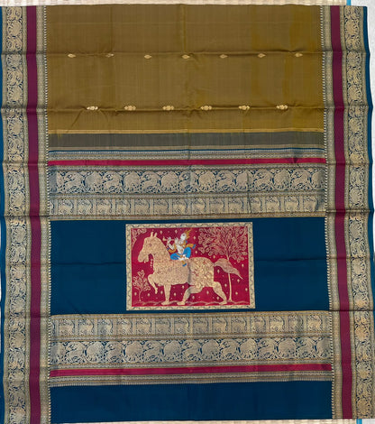 Kanchipuram Silk Saree Online | ASWA NARI KRISHNAR pallu x mehendi green x cyan green x red | Handwoven luxury x 4 ply |