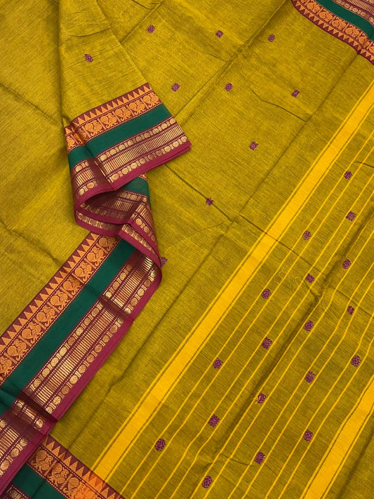 Kanchi soft cotton |rettaipet mayil zari border | green x red x green