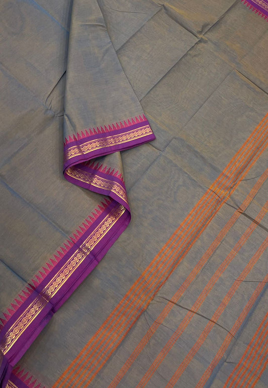 Kanchi soft cotton | twotone grey x violet |  tiny zari border
