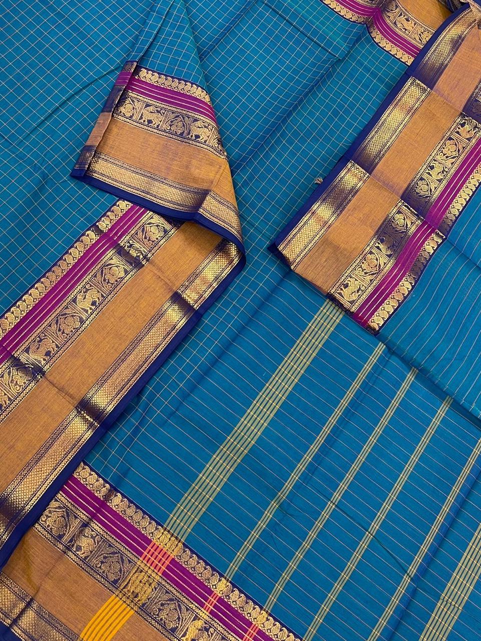 Kanchi mercerised soft cotton | blue x rettaipet border|  kattam butta