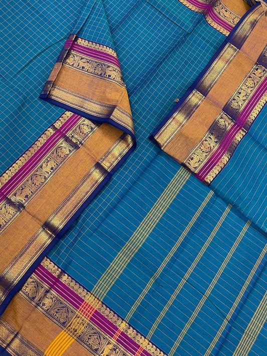 Kanchi mercerised soft cotton | blue x rettaipet border|  kattam butta