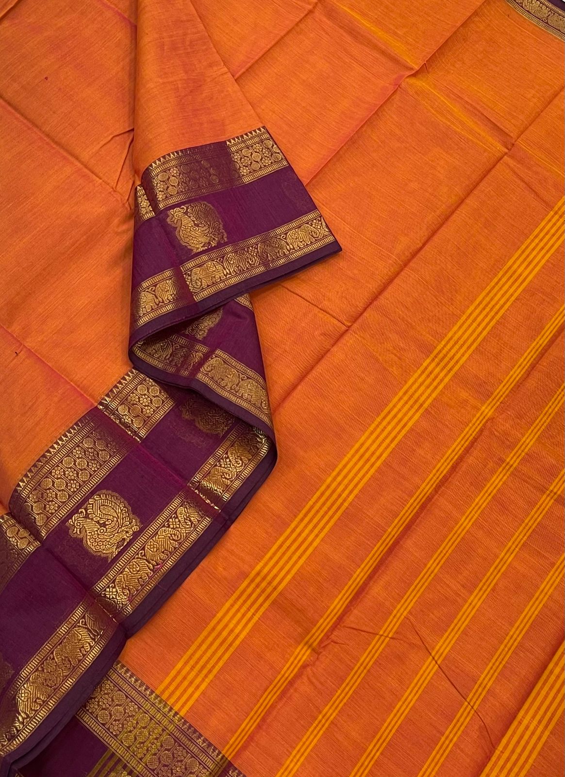 Kanchi soft cotton | orange  x burgandy | zari mayil rettaipet border