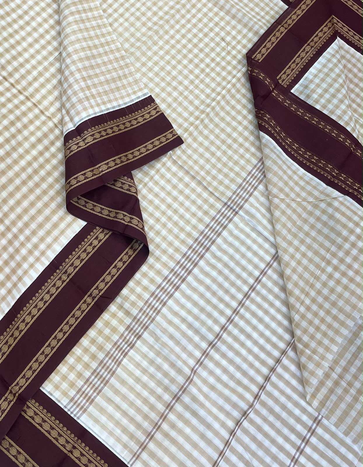 Pure Handloom Kanchi rich Cotton Saree | kattam X white x cream X aaraku  | thread Korvai rettaipet border
