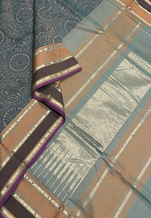 Pure Handloom Kanchi rich Cotton Saree | rich thread border x rich pallu |  beige x mustard