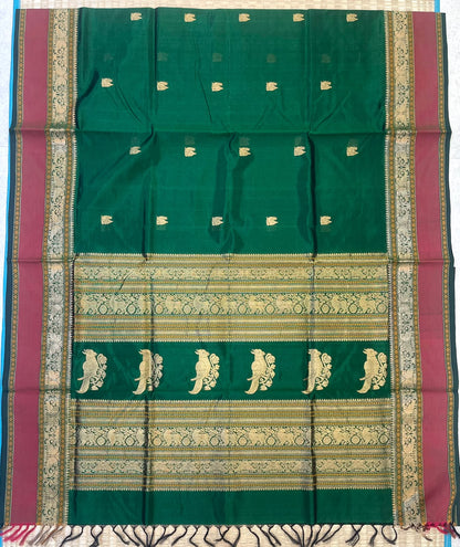Kanchi Silk Cotton Sarees | zari mayil motif X rich zari killi pallu X zari rettaipet border | bottle green x pink