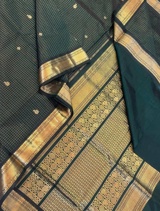 Kanchi Silk Cotton Sarees | silk cotton | VAIRAOOSI muthukattam X tiny border |  bottle green | NKV37