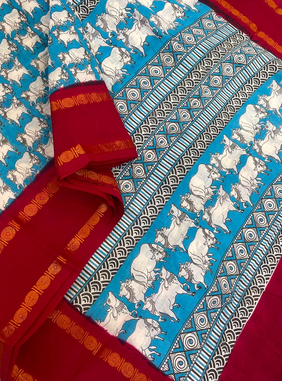 Madurai Sungudi soft cotton | sky blue x red |pichwai x rettaipet Zari border